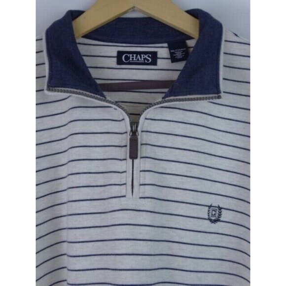 Chaps Men's Shirt Ivory Blue Striped Size XXL Heavy Long Sleeve 1/4 Zip Top - Picture 2 of 6
